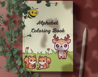 Puede incluir: Un libro para colorear amarillo con el título "Alphabet Coloring Book" en la portada. La portada presenta una abeja de dibujos animados, un ciervo y dos ardillas.