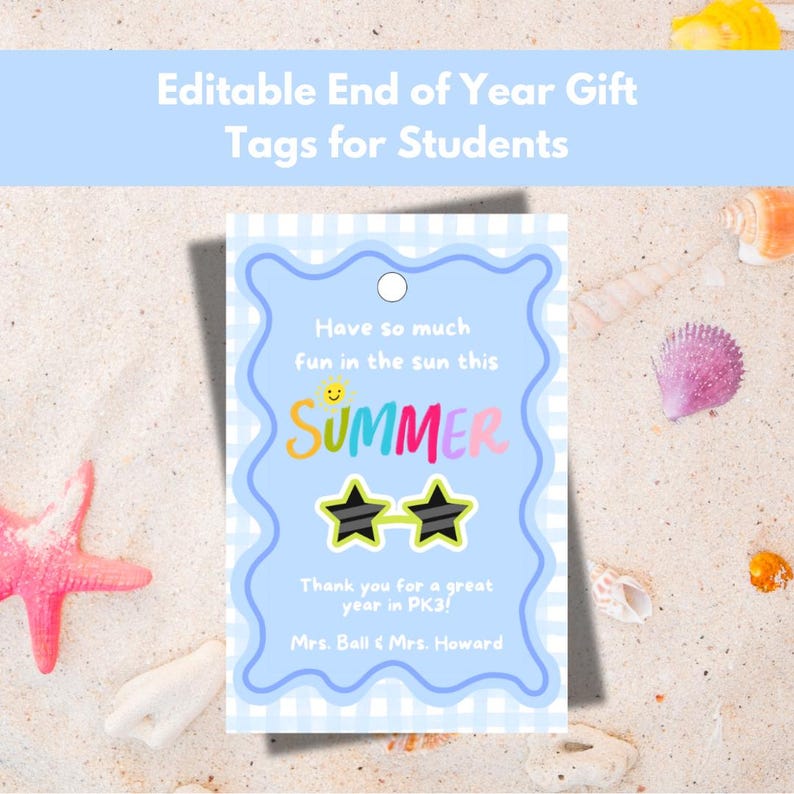 May include: A blue and white checkered gift tag with a summer theme. The tag says "Have so much fun in the sun this SUMMER" with a sun and sunglasses graphic. It also says "Thank you for a great year in PK3! Mrs. Ball & Mrs. Howard"