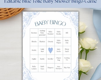 Editable Baby Shower Blue Toile Pattern Baby Bingo Game – Canva Template