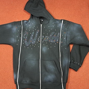 Men&#39;s Rhinestones Hoodie | Zip Up Jacket | Casual Activewear Outfit Unisex Distressed Zipper Hoodie Casual StreetWear
