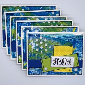 Abstract Blue & Green Note Card Set, Handmade Mixed Media Note Cards, Blank Inside,  Set of 6, Colorful Cards