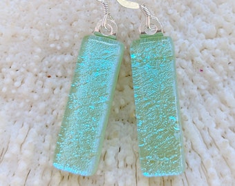 Light green fused glass dichroic dangle earrings