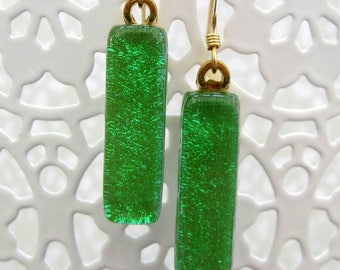 Light green fused glass dichroic dangle earrings with gold findings