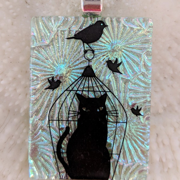 Light green fused glass cat pendant