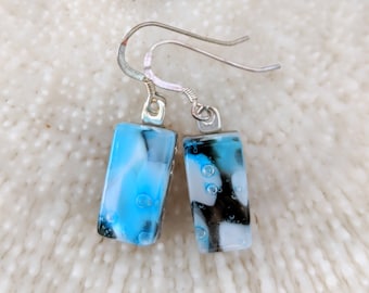 Blue and white fused glass pebble dangle earrings