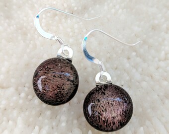 Chocolate brown fused glass dichroic round dangle earrings