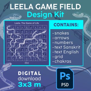 Op de afbeelding: Digitale Leela Game Field Design Kit met slangen, pijlen, nummers, Sanskriet en Engelse tekst, raster en chakra's. De kit is een digitale download, 3x3 meter, en bevat een PSD-bestand.