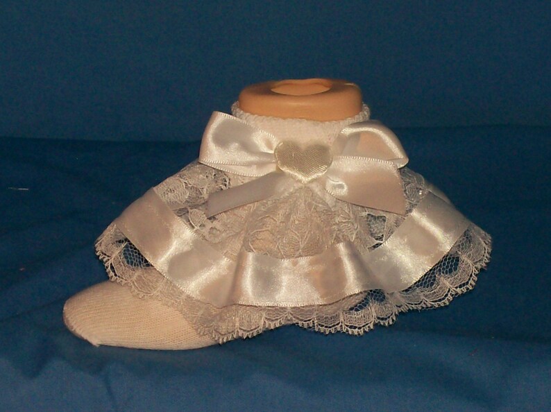 Boutique OOAK White Satin Hearts Ribbon and Lace Pageant Ruffle Socks
