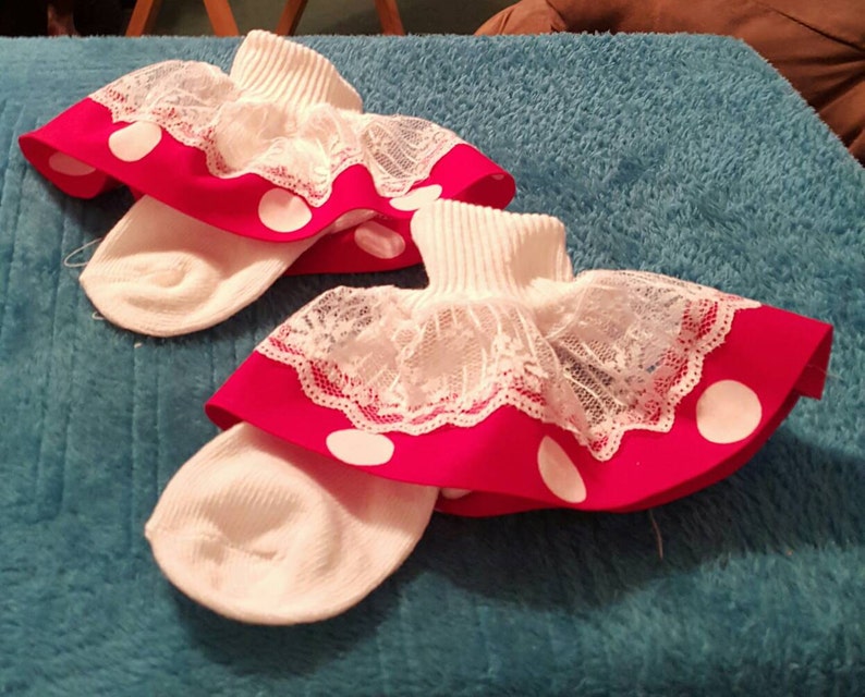 Boutique Custom Made OOAK Fancy Feet Red with White dot Lace Ruffle Socks