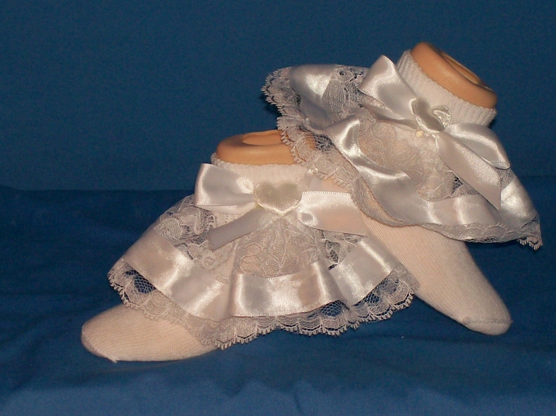Boutique OOAK White Satin Hearts Ribbon and Lace Pageant Ruffle Socks