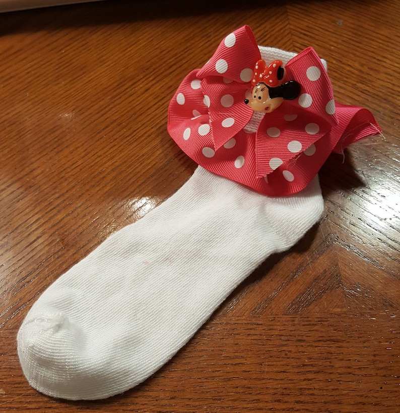 Boutique Custom Made OOAK Fancy Feet Pink Dotted Minnie Mouse Ribbon Ruffle Socks with Matching Hairbow
