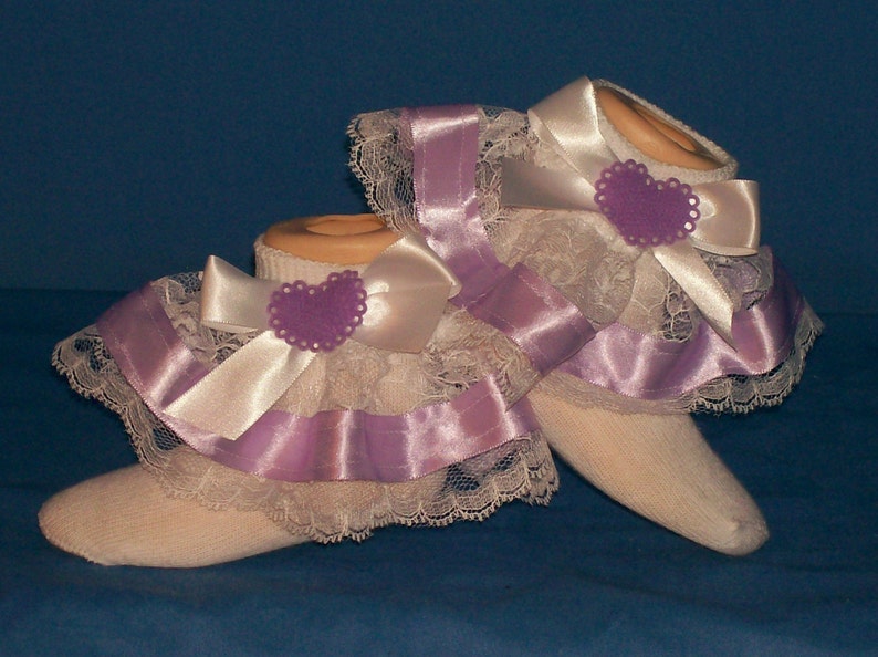 Boutique OOAK Lavender Heart Ribbon Lace Ruffle Socks