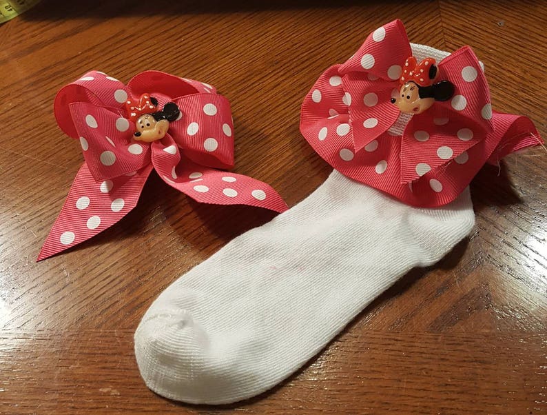 Boutique Custom Made OOAK Fancy Feet Pink Dotted Minnie Mouse Ribbon Ruffle Socks with Matching Hairbow