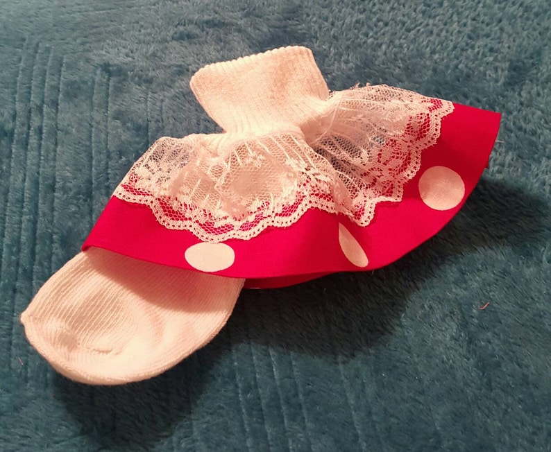 Boutique Custom Made OOAK Fancy Feet Red with White dot Lace Ruffle Socks