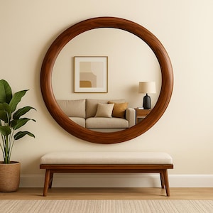 Large Round Wall Mirror with Solid Wood Frame, Mid Century Modern Accent Mirror for Living Room, Entryway or Bedroom Home Wall Decor