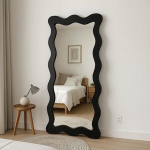 Wavy Full Length Mirror with White Frame, Modern Funky Floor Mirror for Bedroom or Entryway, Bold Irregular Statement Wall Decor