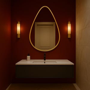 Modern Gold Bathroom Mirror with Soft Oval Frame, Luxury Wall Mounted Vanity Mirror for Minimalist Interiors and Elegant Bathroom Style