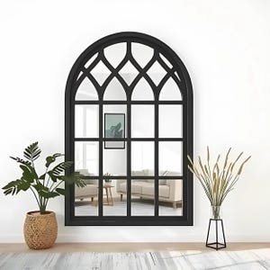 Arched Window Mirror, Black Frame Wall Mirror for Entryway or Living Room, Large Gothic Style Grid Mirror, Elegant Vintage Home Accent