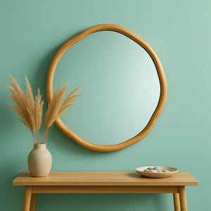 Round Wood Wall Mirror, Irregular Mid Century Circle Mirror with Wood Frame, Aesthetic Asymmetrical Mirror for Bathroom & Entryway Mirror