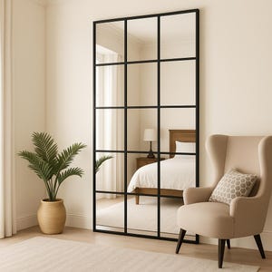 Modern Black Grid Full Length Mirror, Large Wall Leaning Mirror for Bedroom and Living Room, Industrial Style Floor Mirror