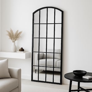 Large Arched Black Windowpane Floor Mirror for Living Room Modern Industrial Full Length Wall Mirror for Entryway and Bedroom Decor