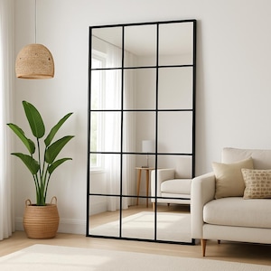 Modern Black Grid Full Length Mirror, Large Wall Leaning Mirror for Bedroom and Living Room, Industrial Style Floor Mirror