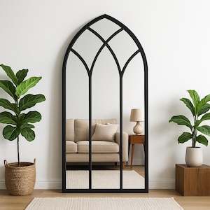 Tall Gothic Arch Mirror with White Frame, Oversized Cathedral Wall Mirror for Bedroom or Entryway, Elegant Decorative Floor Mirror