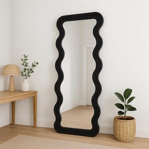 Large Wavy Full Length Mirror White Frame, Modern Floor Standing Mirror for Bedroom or Living Room, Minimalist Curvy Wall Decor
