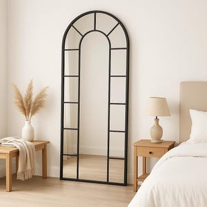 Arched Window Floor Mirror – Tall Farmhouse Style Leaning Mirror for Bedroom, Living Room or Entryway Wall Decor