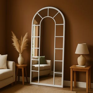 Arched Window Pane Floor Mirror, Tall Full Length Wall Mirror, Modern Farmhouse Living Room and Bedroom Decorative Standing Mirror