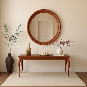Asymmetrical Wooden Wall Mirror, Modern Irregular Round Mirror for Bathroom, Bedroom, Entryway or Living Room Home Decor