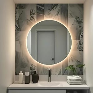 Round LED Mirror, Modern Lighted Vanity, Bathroom Mirror & Decorative Wall Hanging Makeup Mirror, Entryway Home Decor Circle Shape Mirror