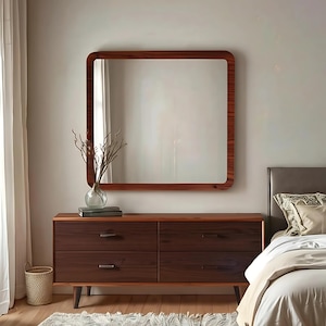 Square Walnut Wood Mirror, Mid Century Modern Wall Mirror, Handmade Wooden Frame Mirror, Minimalist Rustic Home Entryway Wall Decor