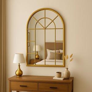 Arched Windowpane Wall Mirror, Black Metal Frame Modern Farmhouse Mirror for Entryway, Living Room, or Bedroom Wall Decor