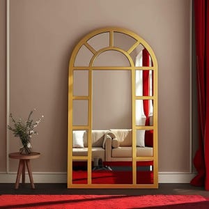 Full Size Arched Window Mirror with Metal Frame, Large Grid Gothic Mirror, Standing or Wall Mirror for Bedroom, Entryway, Living Room