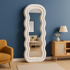 Asymmetrical Wavy Floor Mirror with Soft White Frame, Large Full Length Curvy Mirror for Bedroom, Living Room, or Entryway Decor