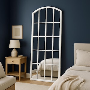 Large Arched Black Windowpane Floor Mirror for Living Room Modern Industrial Full Length Wall Mirror for Entryway and Bedroom Decor