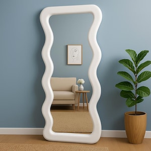 Modern Wavy Floor Fabric with White Frame Mirror, Large Full Length Leaning Mirror for Bedroom, Living Room, or Entryway Home Decor