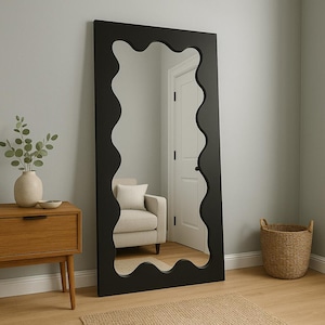 Modern Wavy White Floor Mirror, Large Full Length Leaning Mirror with Unique Curved Frame for Bedroom, Living Room, or Entryway