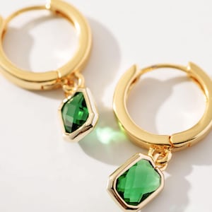 Gold and Emerald Dangle Huggies Simple Design, Earrings, Hoops, 18k Gold Plated, Tarnish Resistant, Hypoallergenic, Nickel Free