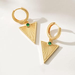 Gold and Emerald Dangle Huggies Geometric Design, Earrings, 18k Gold Plated, Tarnish Resistant, Hypoallergenic, Nickel Free