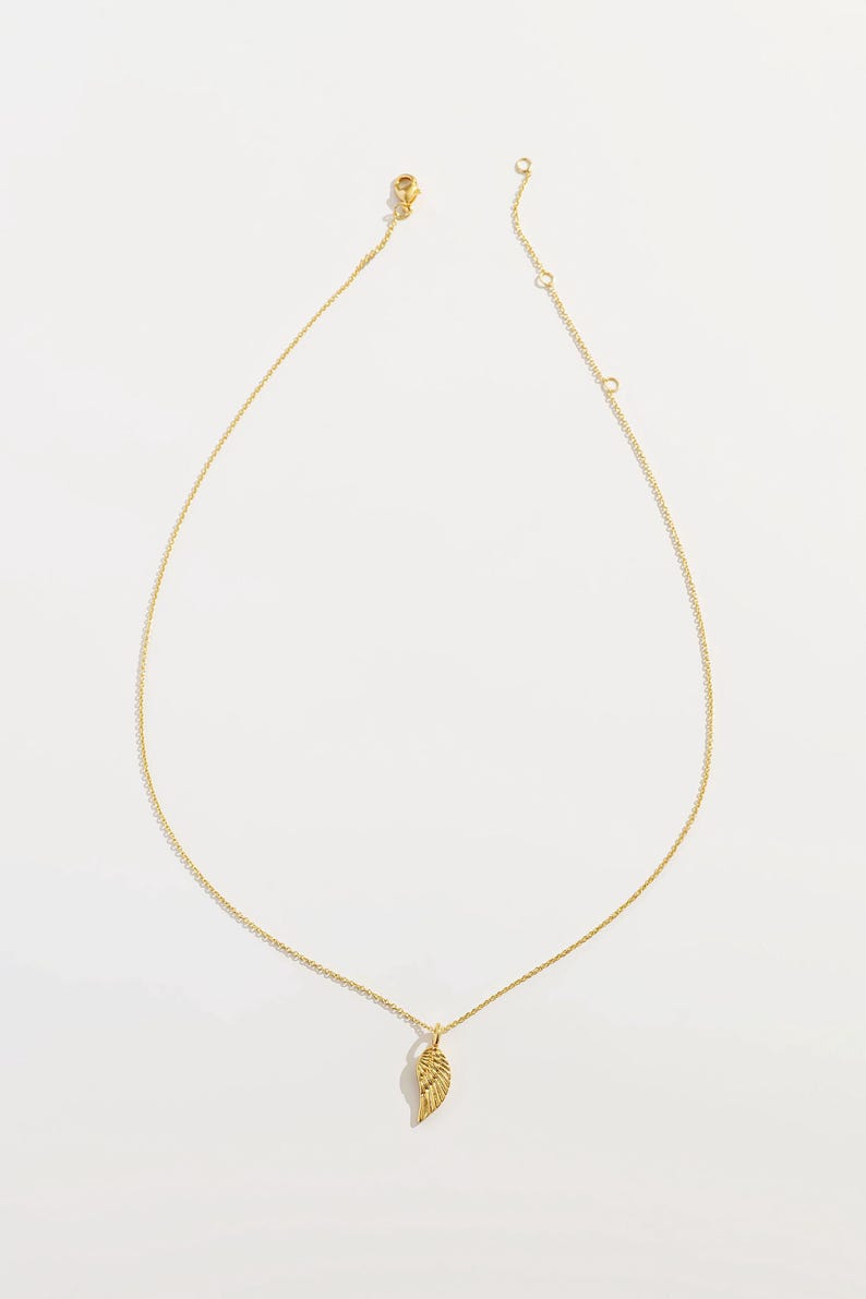 Puede incluir: Un collar de cadena dorada con un peque&ntilde;o colgante de ala dorada.