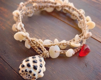 Dainty Molokai shell wrap bracelet or necklace with real Hawaiian puka shells a spotted drupe and ruby red seaglass