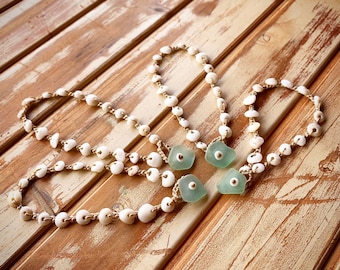Dainty puka shell anklet with seafoam seaglass closure.