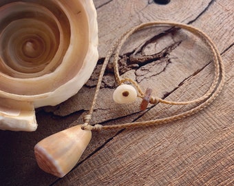 Hawaiian cone shell necklace on hand braided sinew with locking seaglass and puka shell clasp