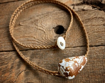 Hawaiian Cat cone shell necklace or choker on hand braided sinew