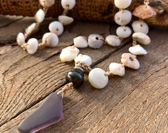Dainty Hawaiian puka shell wrap bracelet or necklace  with a Tahitian pearl and purple seaglass