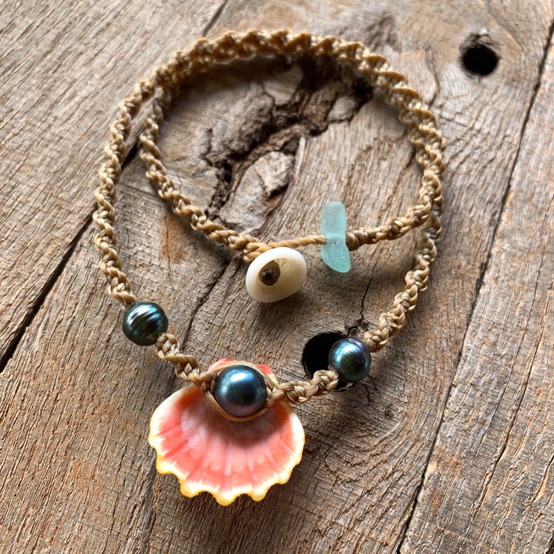 Hawaiian sunrise shell with Tahitian pearls necklace with locking seaglass clasp