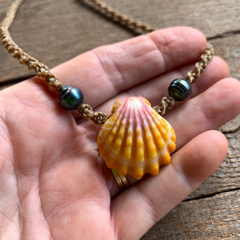 Hawaiian sunrise shell with Tahitian pearls necklace with locking seaglass clasp