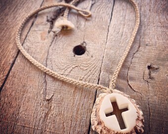 Axis deer antler shed crown necklace with a carved cross